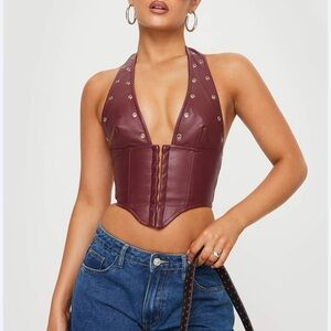 Princess Polly Palladia PU Jordy corset Burgundy halter top